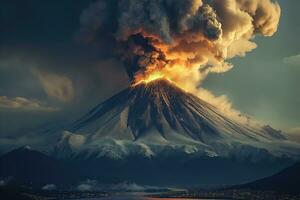 ai generado masivo volcánico erupción terminado bahía con ciudad a noche foto