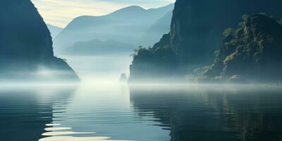 AI generated predawn fog in a tropical coast with rocky cliffs photo