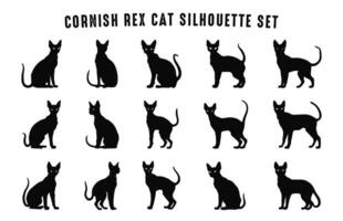 Cornish Rex Cat Silhouettes Vector Bundle, Set of Black Cats Silhouette collection