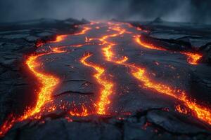 AI generated flowing hot volcanic lava close up photo