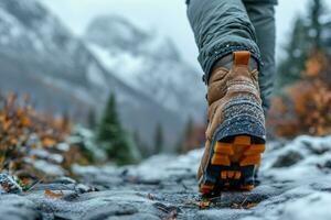 ai generado trekking botas en el pies de un caminante caminando mediante el invierno montañas, de cerca foto