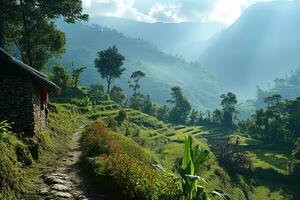 AI generated rocky path in tropical mountain valley with terraced fields photo