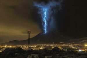 AI generated natural phenomenon dirty thunderstorm, lightning strikes a smoke column smoke during a volcanic eruption in the distance behind the night city photo