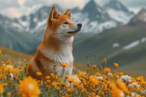 AI generated Shiba Inu dog contemplates on a blooming alpine meadow photo