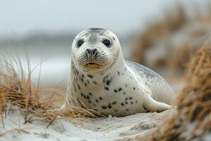 AI generated seal on the shore among the grass on the island photo