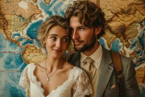 AI generated newlyweds discussing their honeymoon in front of a map photo