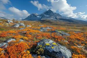 AI generated beautiful landscape with boulders in the autumn tundra on a mountain plateau photo