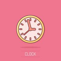 Clock sign icon in comic style. Time management vector cartoon illustration on white isolated background. Timer business concept splash effect.