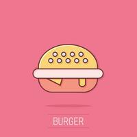 icono de signo de hamburguesa en estilo cómico. ilustración de dibujos animados de vector de hamburguesa sobre fondo blanco aislado. efecto de salpicadura de concepto de negocio de hamburguesa con queso.