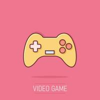 Joystick sign icon in comic style. Gamepad vector cartoon illustration on isolated background. Gaming console controller business concept splash effect.