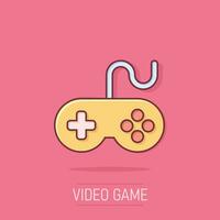 Joystick sign icon in comic style. Gamepad vector cartoon illustration on isolated background. Gaming console controller business concept splash effect.