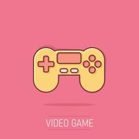 Joystick sign icon in comic style. Gamepad vector cartoon illustration on isolated background. Gaming console controller business concept splash effect.