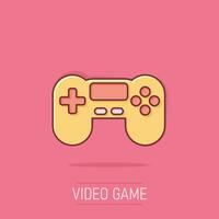 Joystick sign icon in comic style. Gamepad vector cartoon illustration on isolated background. Gaming console controller business concept splash effect.