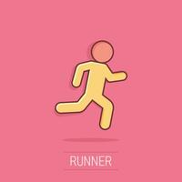 Running people sign icon in comic style. Run silhouette vector cartoon illustration on isolated background. Motion jogging business concept splash effect.
