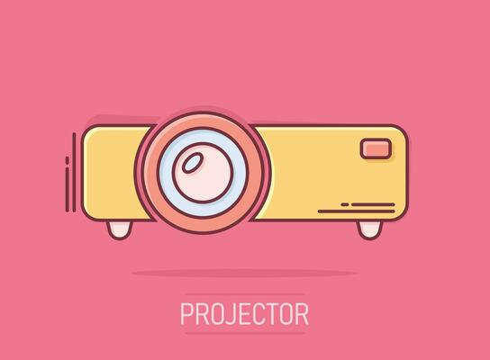 Video projector sign icon in comic style. Cinema presentation device vector cartoon illustration on isolated background. Conference business concept splash effect.
