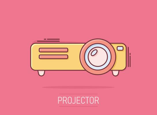 Video projector sign icon in comic style. Cinema presentation device vector cartoon illustration on isolated background. Conference business concept splash effect.
