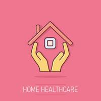 Home care icon in comic style. Hand hold house vector cartoon illustration on isolated background. Building quality business concept splash effect.