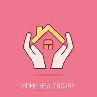 Home care icon in comic style. Hand hold house vector cartoon illustration on isolated background. Building quality business concept splash effect.