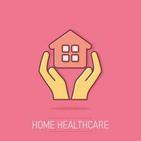 Home care icon in comic style. Hand hold house vector cartoon illustration on isolated background. Building quality business concept splash effect.