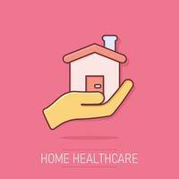 Home care icon in comic style. Hand hold house vector cartoon illustration on isolated background. Building quality business concept splash effect.