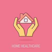 Home care icon in comic style. Hand hold house vector cartoon illustration on isolated background. Building quality business concept splash effect.