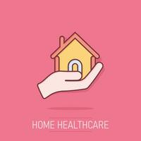 Home care icon in comic style. Hand hold house vector cartoon illustration on isolated background. Building quality business concept splash effect.