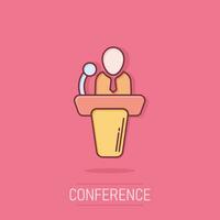 Public speach icon in comic style. Podium conference vector cartoon illustration on isolated background. Tribune debate business concept splash effect.