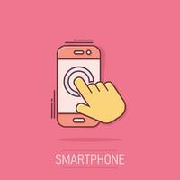 Hand touch smartphone icon in comic style. Phone finger vector cartoon illustration on isolated background. Cursor touchscreen business concept splash effect.