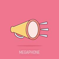 Megaphone speaker icon in comic style. Bullhorn vector cartoon illustration on isolated background. Scream announcement business concept splash effect.