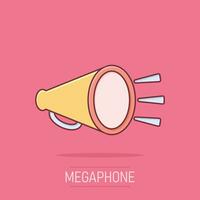 Megaphone speaker icon in comic style. Bullhorn vector cartoon illustration on isolated background. Scream announcement business concept splash effect.