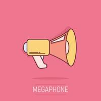 Megaphone speaker icon in comic style. Bullhorn vector cartoon illustration on isolated background. Scream announcement business concept splash effect.
