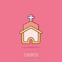 Church icon in comic style. Chapel vector cartoon illustration on isolated background. Religious building business concept splash effect.