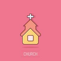 Church icon in comic style. Chapel vector cartoon illustration on isolated background. Religious building business concept splash effect.