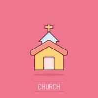 Church icon in comic style. Chapel vector cartoon illustration on isolated background. Religious building business concept splash effect.