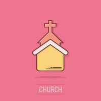 Church icon in comic style. Chapel vector cartoon illustration on isolated background. Religious building business concept splash effect.