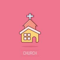 Church icon in comic style. Chapel vector cartoon illustration on isolated background. Religious building business concept splash effect.