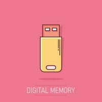 Usb drive icon in comic style. Flash disk vector cartoon illustration on isolated background. Digital memory splash effect business concept.