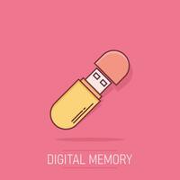 Usb drive icon in comic style. Flash disk vector cartoon illustration on isolated background. Digital memory splash effect business concept.