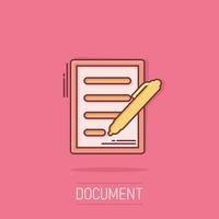 Document with pen icon in comic style. Notepad vector cartoon illustration on isolated background. Office stationery splash effect business concept.