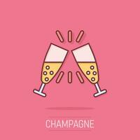 Champagne glass icon in comic style. Alcohol drink vector cartoon illustration on isolated background. Cocktail splash effect business concept.