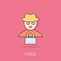 Fraud hacker icon in comic style. Spy cartoon vector illustration on isolated background. Cyber defend splash effect business concept.