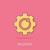 Recovery gear icon in comic style. Repeat cartoon vector illustration on isolated background. Rotation splash effect business concept.