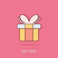 Gift box icon in comic style. Present package cartoon vector illustration on isolated background. Surprise splash effect business concept.