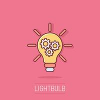 Innovation icon in comic style. Lightbulb with cogwheel cartoon vector illustration on isolated background. Idea splash effect business concept.