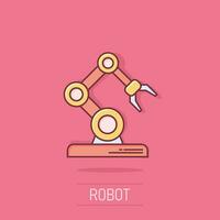 Robot arm icon in comic style. Mechanic manipulator cartoon vector illustration on isolated background. Machine splash effect business concept.