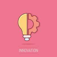 Innovation icon in comic style. Lightbulb with cogwheel cartoon vector illustration on isolated background. Idea splash effect business concept.