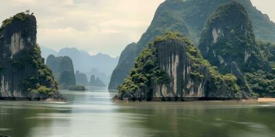 AI generated beautiful view of the tropical river with beautiful karst limestone cliffs photo
