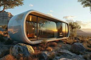 AI generated mini hotel, futuristic cabin in the mountainous area photo