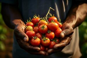 AI generated hands of agricultural worker with harvested tomatoes photo