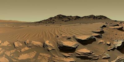 AI generated Scientifically accurate Martian landscape with red sand and layered rocks photo